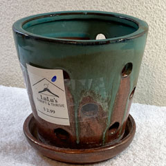 orchid planting pot with copper and turquoise glazing