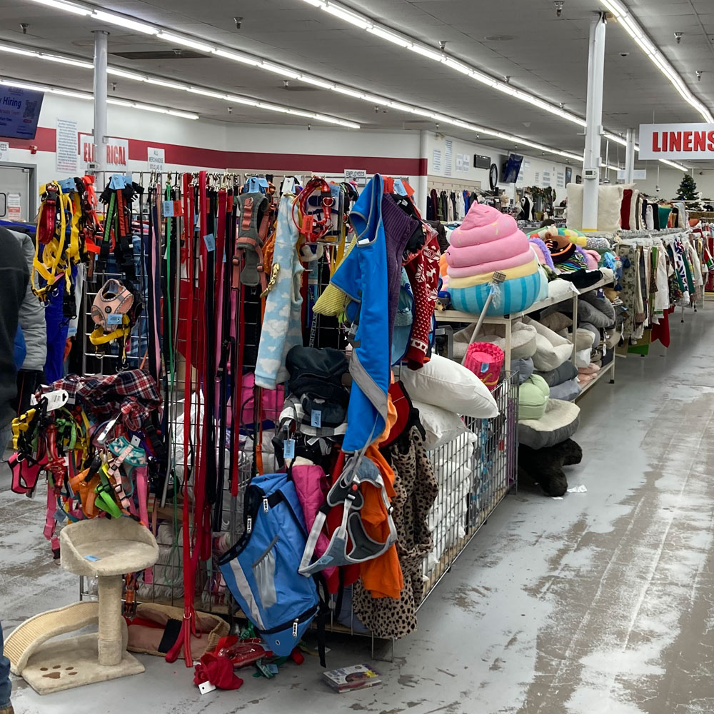 a store with a variety of pet supplies and linens