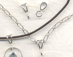 sterling silver bail with open loop shown on leather and chain