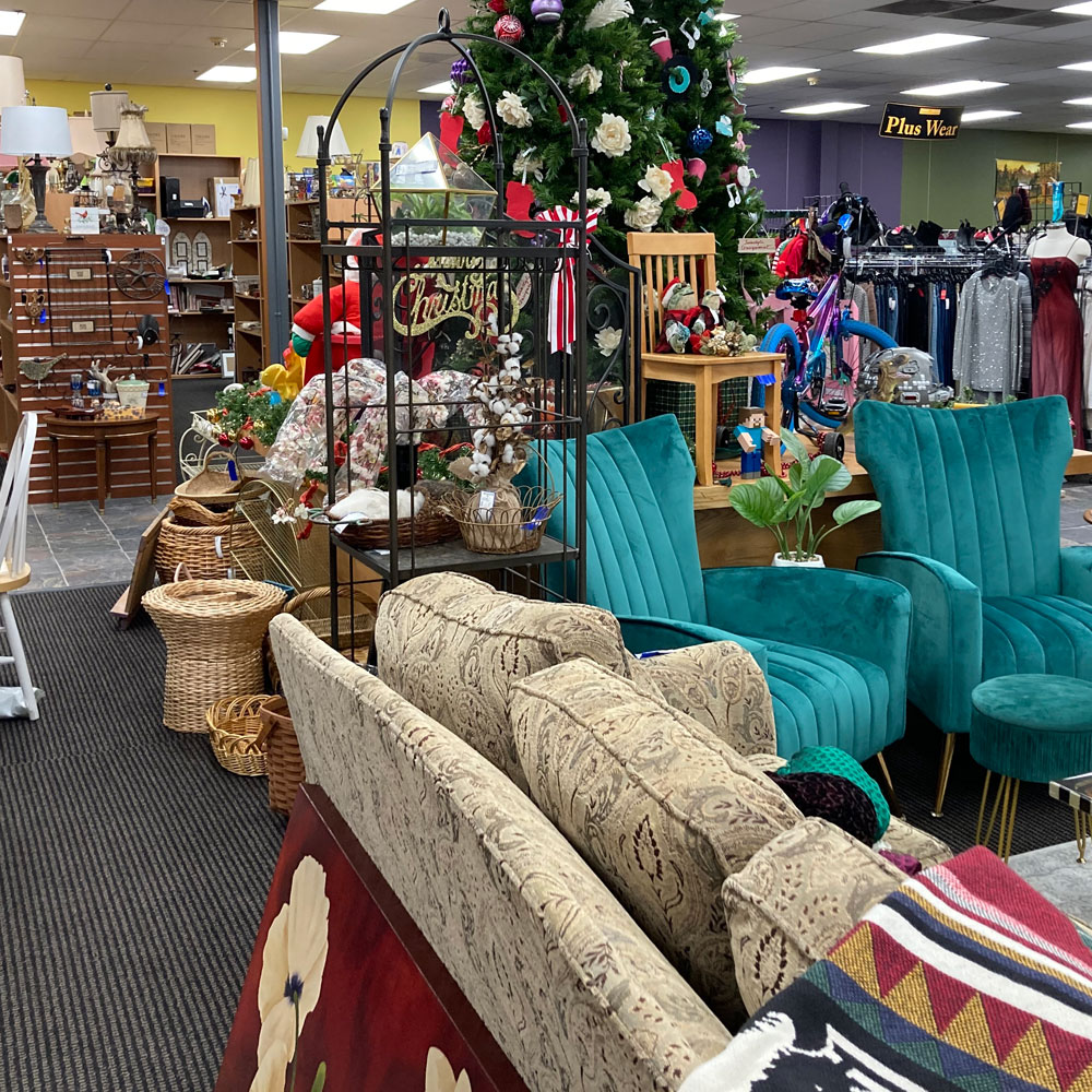 clothing department and awesome turquoise velvet chairs