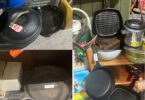 collection of cast iron skillets pots at an antique marketplace