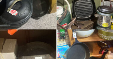 collection of cast iron skillets pots at an antique marketplace