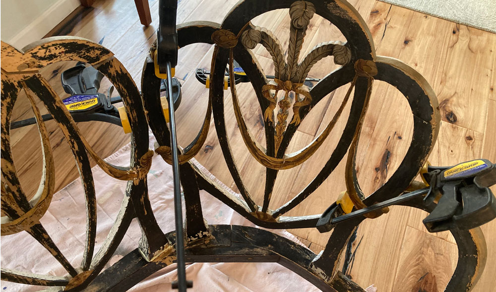 gluing and clamping repair wooden bench